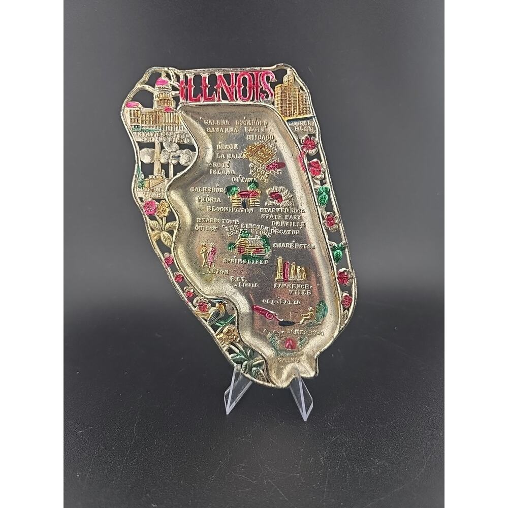 Vintage State Souvenir Illinois Metal Ashtray Trinket Dish